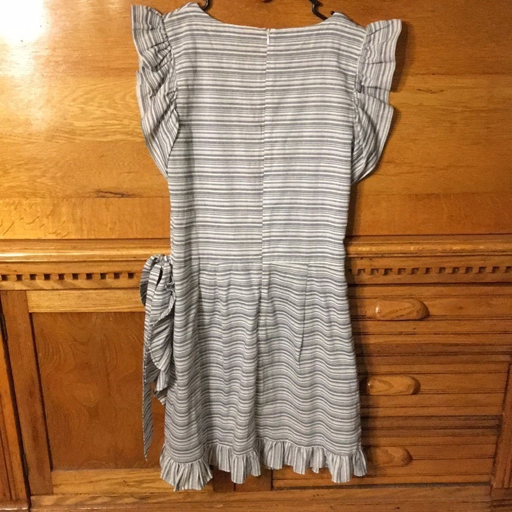 Lucky Brand Preppy Black White Striped Ruffle Faux Wrap Cotton Dress Cottagecore - Picture 2 of 9